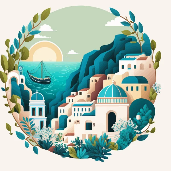 フラットデザインサントリーニ島ギリシャ建築ビューイラストベクトル旅行休暇の観光アイコンのランドマーク — ストックベクタ