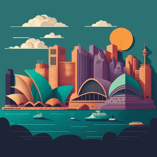 シドニーのオペラ建築 ランドマークやパノラマとオーストラリアの旅行ランドマークベクトルの風景の建物のイラスト — ストックベクタ