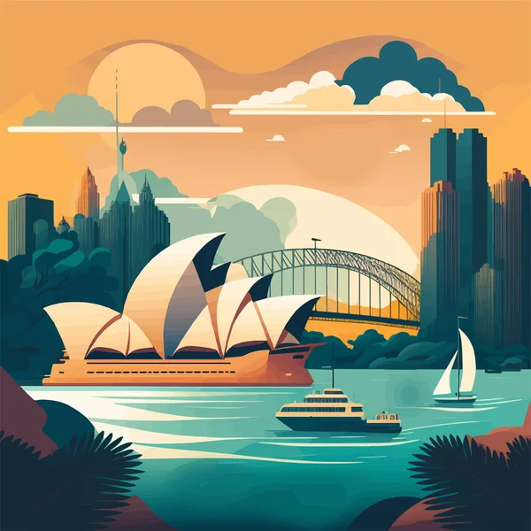 Building Illustration Australia Travel Landmark Vector Landscape Sydney Opera Architecture — Stock Vector