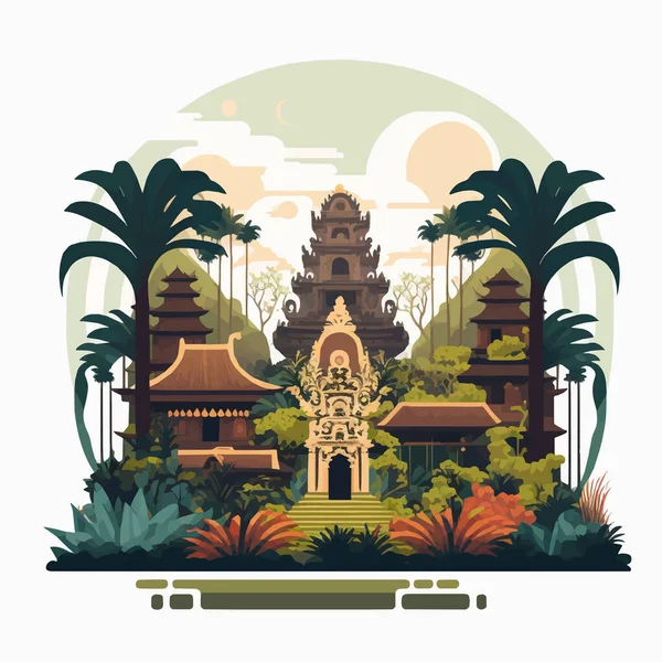 巴厘岛印度教圣殿印度尼西亚地标沉默日海报矢量图解扁平色彩风格 — 图库矢量图片