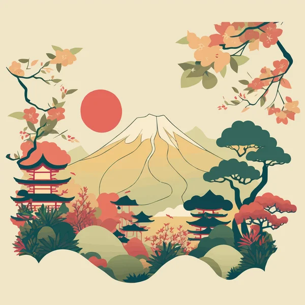 Illust Van Fuji Mount Japan Reisbestemming Concept Toerisme Oriëntatiepunt Platte — Stockvector