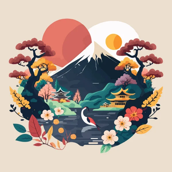 富士山日本旅游目的地概念图解 旅游地标平面色彩矢量 — 图库矢量图片