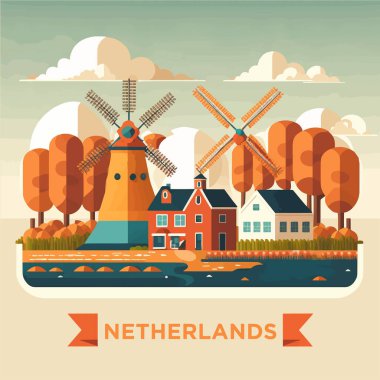 Amsterdam Hollanda Resimleri Seyahat hedef şehir simgesi düz renk tasarımı