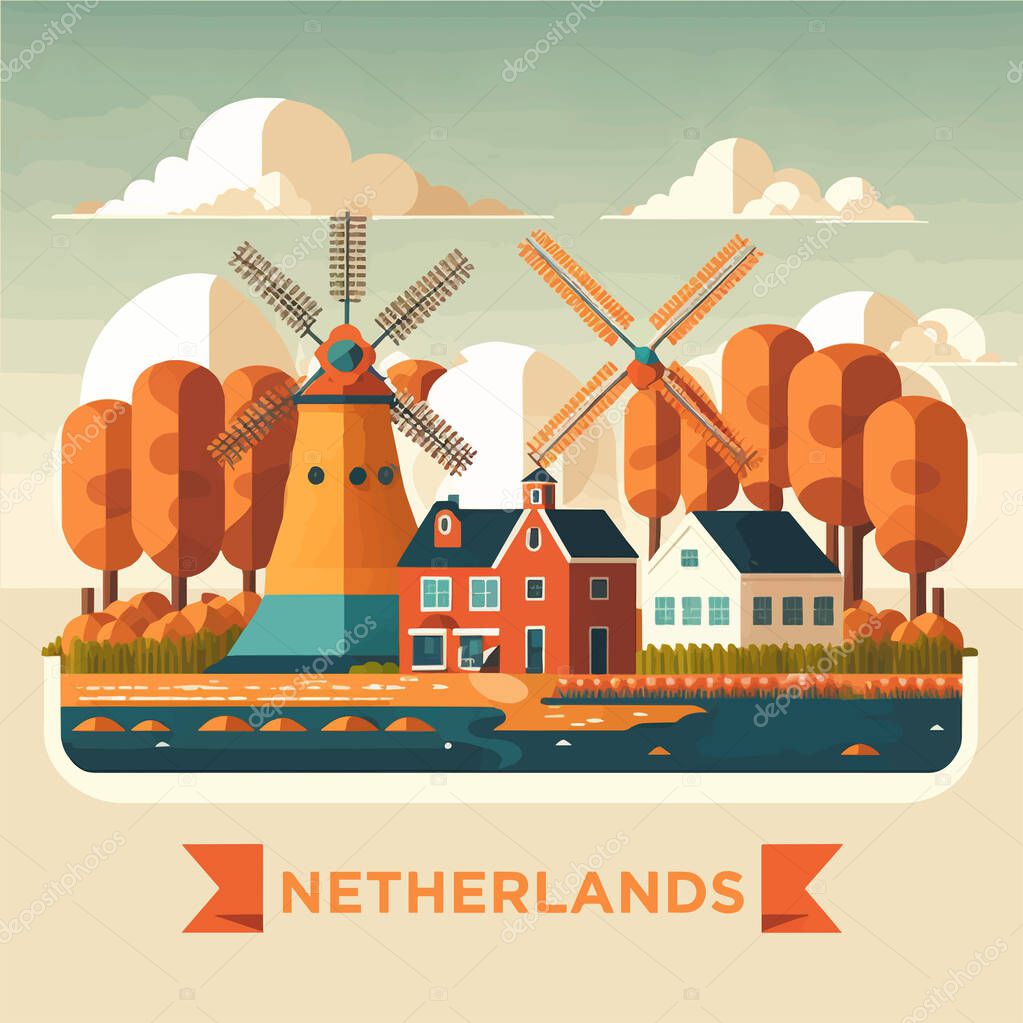 Illustration of Amsterdam Netherlands Travel destination house city landmark icon vector flat color design