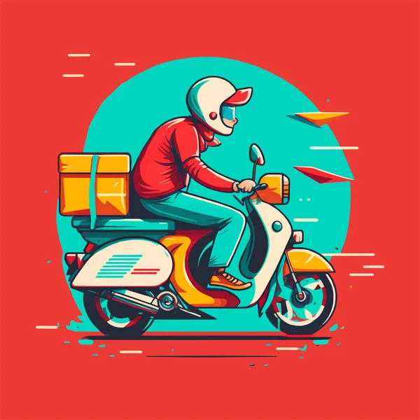 宅配便バイクスクーターの商品の配達人のための宅配便配達とオンラインサービス — ストックベクタ