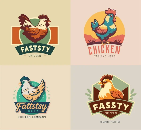 Conjunto Logo Insignias Con Logo Chicken Rooster Colección Estilo Retro — Vector de stock