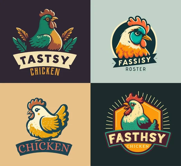 Conjunto Logo Insignias Con Logo Chicken Rooster Colección Estilo Retro — Vector de stock