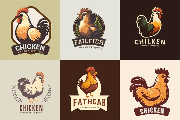 Σετ Σημάτων Λογότυπου Λογότυπο Της Chicken Rooster Collection Ρετρό Vintage — Διανυσματικό Αρχείο