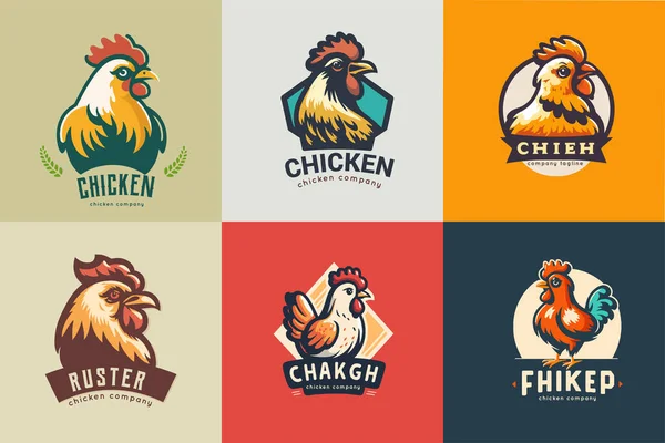 Conjunto Logo Insignias Con Logo Chicken Rooster Colección Estilo Retro — Archivo Imágenes Vectoriales