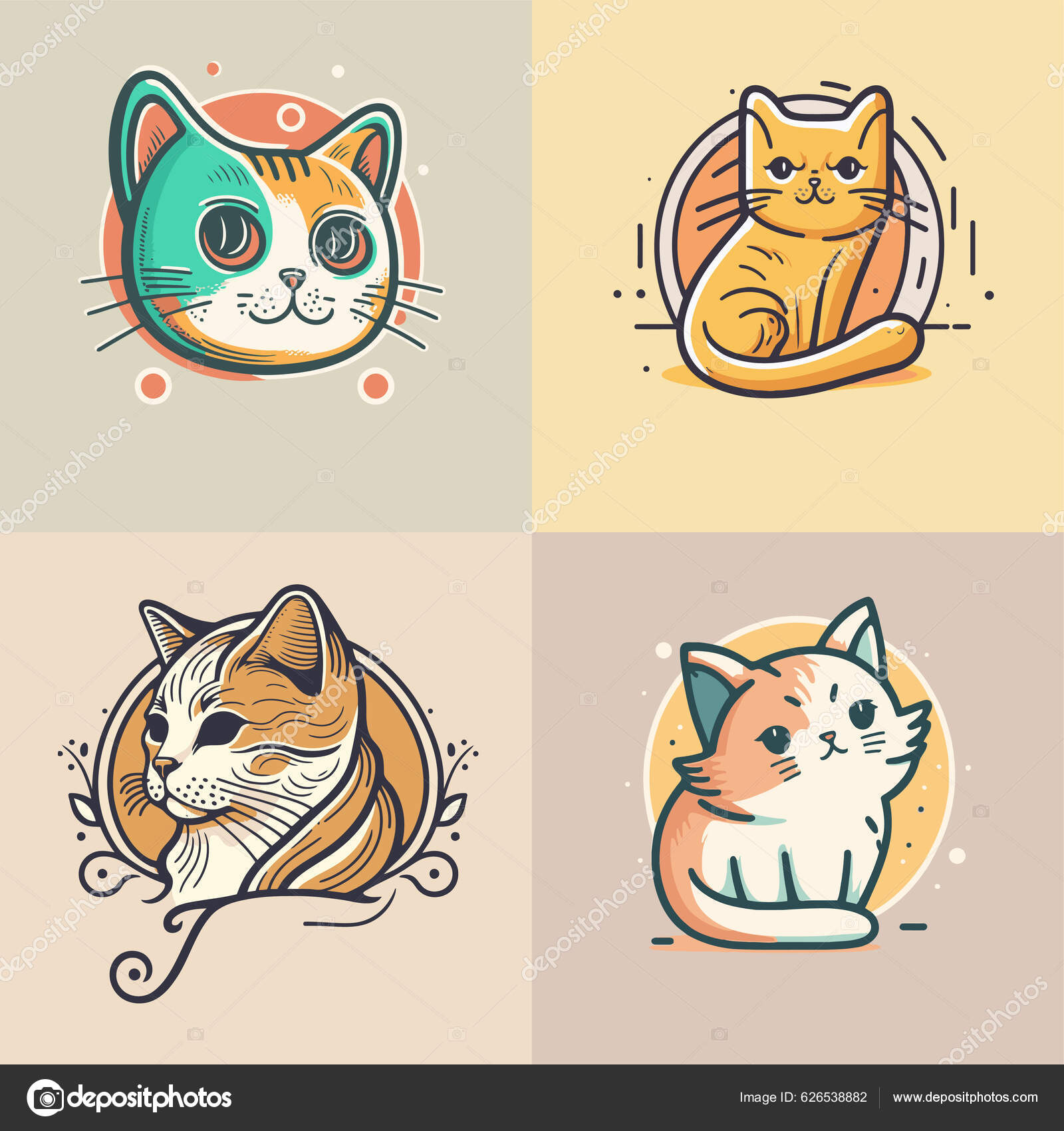 Vetores de Desenhos De Gatos Gatinhos Fofos Em Tons Rosa E Amarelo