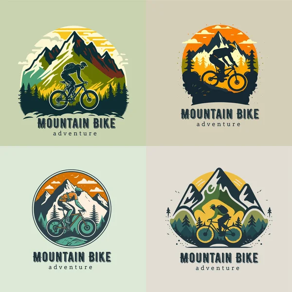 Logotipo Colección Montañas Bicicleta Montaña Fondo Bicicleta Transporte Cuesta Abajo — Vector de stock