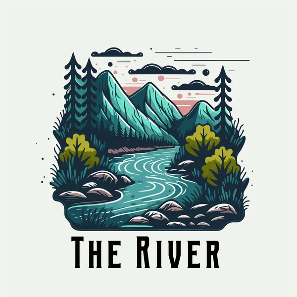 Valley River Doğa Dağ Logosu Nun Prim Logo Seti Rozet — Stok Vektör