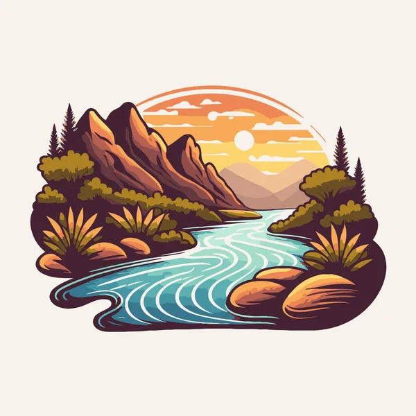 Πριμοδότηση Σύνολο Λογότυπο Της Κοιλάδας Ποταμού Φύση Ορεινό Δάσος Λογότυπο — Διανυσματικό Αρχείο