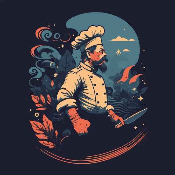 Ilustracja Chef Man Kapeluszem Kucharz Logo Maskotka Dla Żywności Restauracja — Wektor stockowy