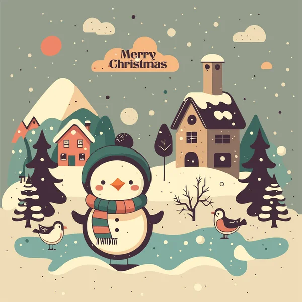 メリークリスマスのイラストテンプレートハッピーニューイヤーグリーティングカード招待バナーフラットベクトルスタイル サンタの句 雪だるま — ストックベクタ