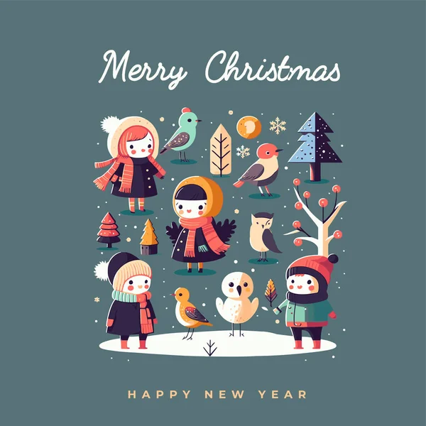 メリークリスマスのイラストテンプレートハッピーニューイヤーグリーティングカード招待バナーフラットベクトルスタイル サンタの句 雪だるま — ストックベクタ