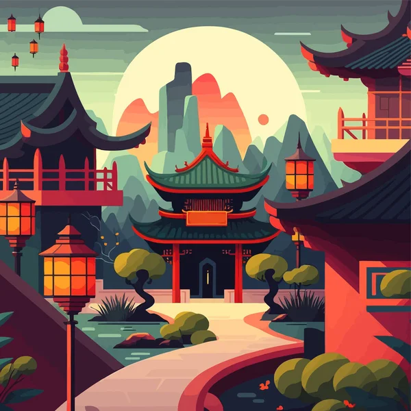 快乐的中国新年背景亚裔中国人日本庙宇城堡和山水图景背景 — 图库矢量图片