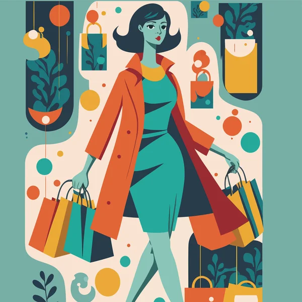 时尚女人提着购物袋购物 购物成瘾的概念 购物狂向量平面样式图解 — 图库矢量图片