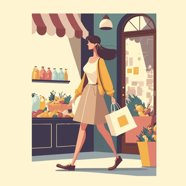 Poşet Taşıyan Şık Bir Kadın Alışveriş Bağımlılığı Kavramı Alışveriş Kolik — Stok Vektör