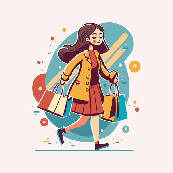Módní Žena Nakupující Tašky Koncept Nákupní Závislosti Ilustrace Stylu Shopaholic — Stockový vektor