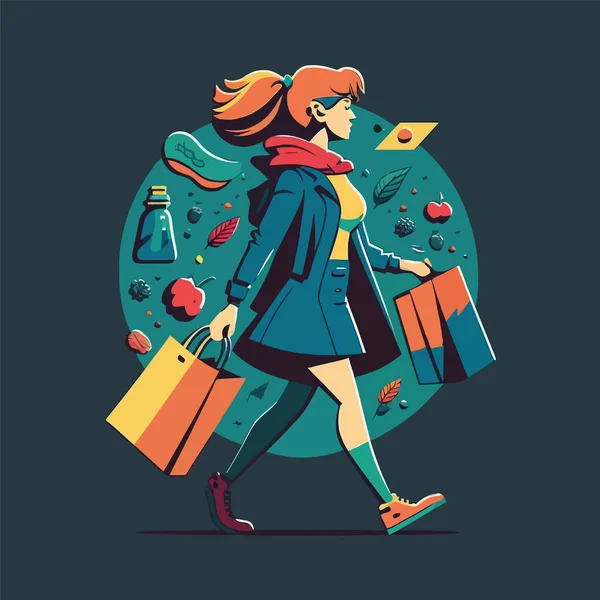 ファッショナブルな女性ショッピングバッグを運ぶ ショッピング中毒の概念 Shopaholicベクトルフラットスタイルイラスト — ストックベクタ
