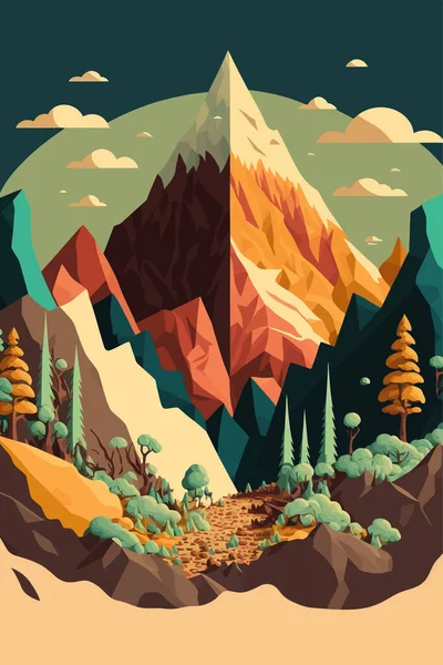 Montagne Lac Paysage Vue Montagne Entouré Rivière Beau Ciel Illustration — Image vectorielle