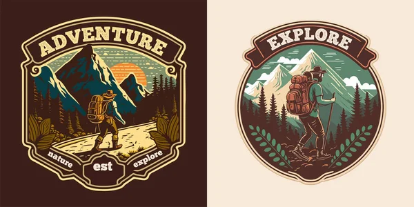 Distintivo Logo Collezione Esploratore Montagna Vintage Escursioni Trekking Avventura Campeggio — Vettoriale Stock