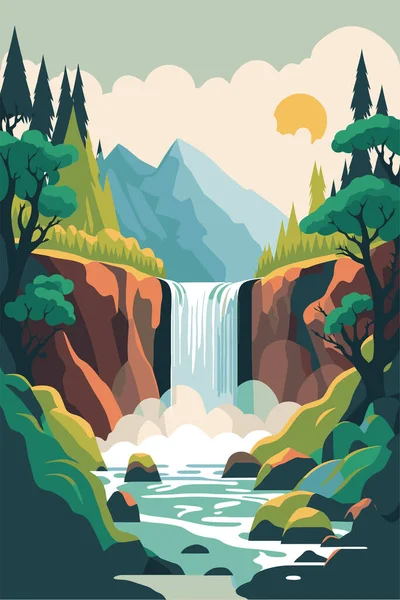 Illust Cachoeira Floresta Natureza Tropical Fundo Selva Papel Parede Vetor — Vetor de Stock