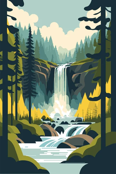 illustration of Waterfall forest nature tropical background jungle wallpaper vector flat color style