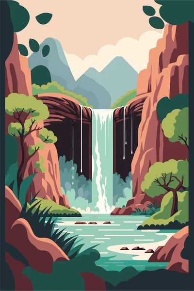 illustration of Waterfall forest nature tropical background jungle wallpaper vector flat color style
