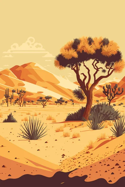 sand desert landscape in sunset with cactus and mountains flat color vector style illustration