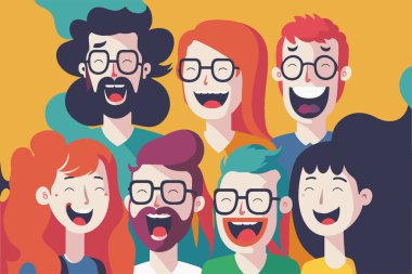 illustration happy laugh group people, portrait of smiling teenage boys and girls on new year party flat color vector cartoon style clipart