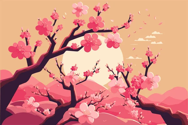 Çiçek Açan Kiraz Ağacı Sakura Japan Bahar Çiçekleri Vektör Düz — Stok Vektör