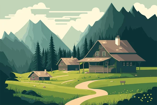 Montanha Verde Campo Paisagem Alpina Natureza Com Casas Madeira Ilustração — Vetor de Stock
