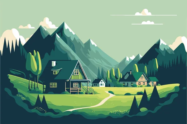 Montanha Verde Campo Paisagem Alpina Natureza Com Casas Madeira Ilustração — Vetor de Stock