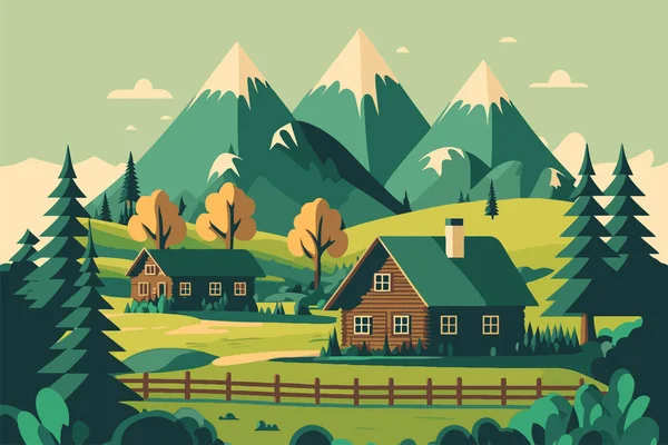 Montanha Verde Campo Paisagem Alpina Natureza Com Casas Madeira Ilustração —  Vetores de Stock