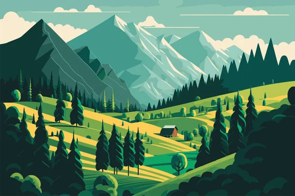 Гірський Зелене Поле Альпійський Пейзаж Природа Дерев Яними Будинками Ілюстрація — стоковий вектор