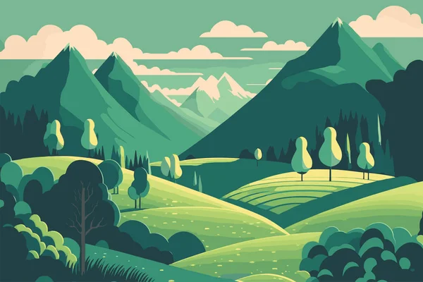 Horská Zelená Pole Alpská Krajina Příroda Dřevěnými Domy Ilustrace Vektoru — Stockový vektor
