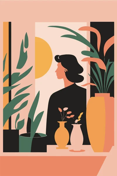 抽象的な現代女性の肖像画のイラストアートフラット最小ベクトルスタイルの背景のための壁の芸術 ポスター 挨拶カード 招待状 ポストカード — ストックベクタ