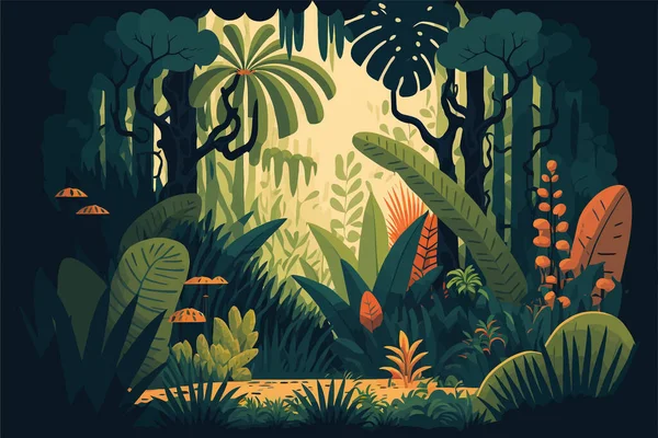ジャングルの背景ベクトルフラットカラー漫画イラスト ポスターバナー ゲーム 招待状カードテンプレートのための朝の明るいジャングル — ストックベクタ