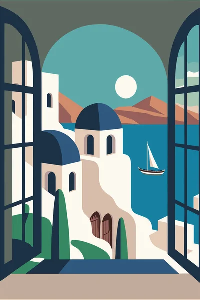 Illusztráció Santorini Sziget Vektor Lapos Színű Háttér Utazás Santorini Görögország — Stock Vector