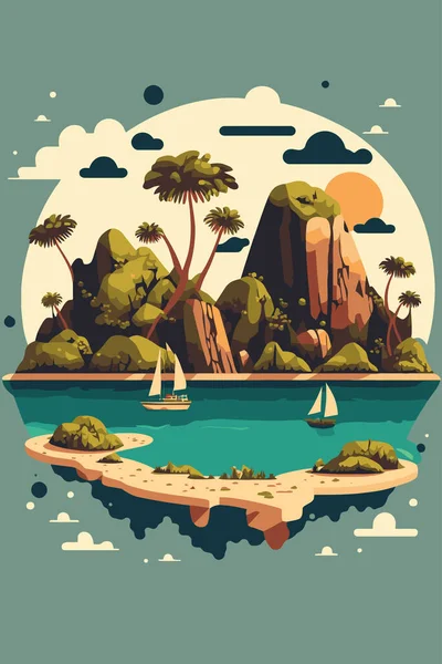Ilustrace Tropického Ostrova Oceánu Horami Palmami Izolované Pozadí Vektoru Ploché — Stockový vektor