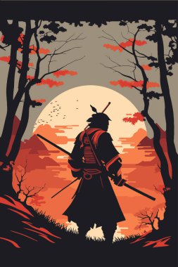 Japon samuray savaşçısının siluetinin bir tasviri. Gün batımı vektör arka planında duruyor. Duvar baskısı afiş tasarımı şablonu için.