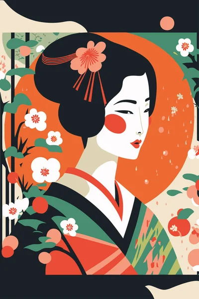 Illustration Portrait Japanese Geisha Kimono Japan Woman Traditional Floral Vector — 스톡 벡터