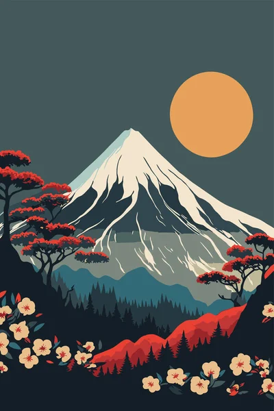 日本山水画背景 富士山矢量画风背景墙体艺术 平面设计招贴画 — 图库矢量图片