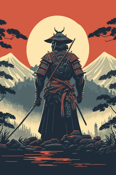 Ilustração Silhueta Samurai Japonês Guerreiro Com Espada Sobre Fundo Vetor — Vetor de Stock