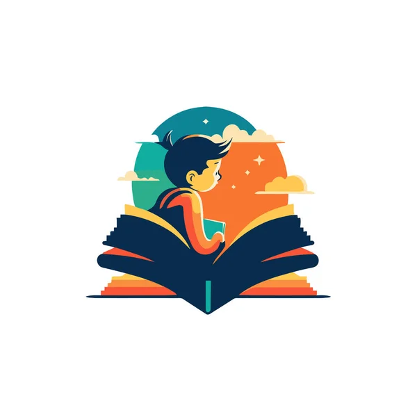 ベクトル図男の子読書本のロゴのアイコンフラットベクトルデザインのポスターバナーカードのデザインテンプレート — ストックベクタ