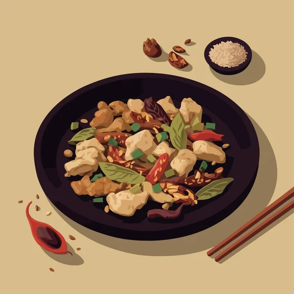 Курица Кунг Пао Вкусная Аутентичная Азиатская Еда Изолированные Векторные Иллюстрации — стоковый вектор