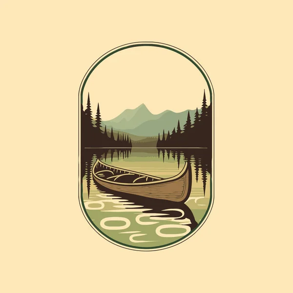Vector Canoe Mountain Lake Adventure Badge Logo Vintage Style Icon — Stockvektor