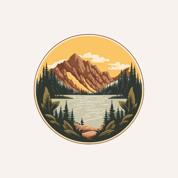 Vector Mountain Lake Adventure Badge Logo Vintage Style Icon Symbol — Vettoriale Stock